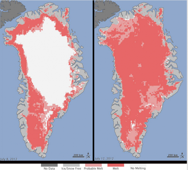Deshielo en Groenlandia en el verano de 2012, en rojo. Gráfico: NASA