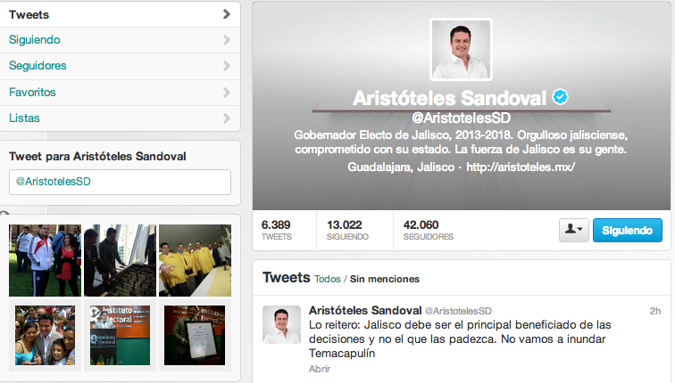 Página de Twitter de Arisóteles Sandoval