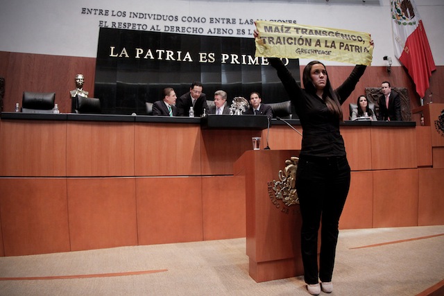 Accion de Greenpeace en el Senado de México. Imagen: PedroMera Xinhua Greenpeace.