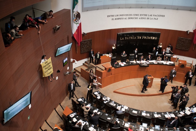 Rosina González, activista de Greenpeace, se manifiesta colgada en el Salón del Pleno del Senado. Imangen: Pedro Mera/Xinhua