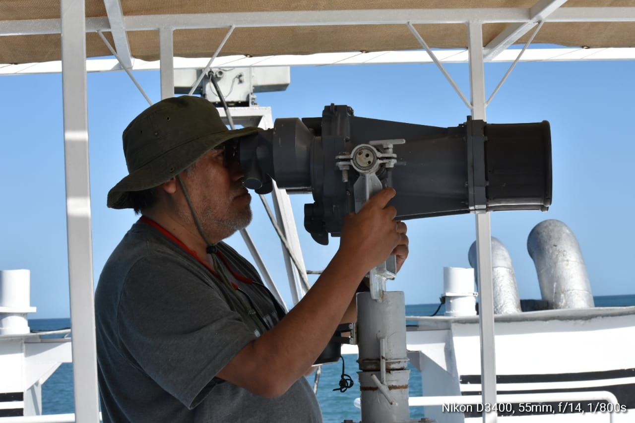 Binoculares para buscar la vaquita marina. Fotos tomadas del sitio de Facebook del Programa de Investigación en Mamíferos Marinos de la UABCS, La Paz, México.