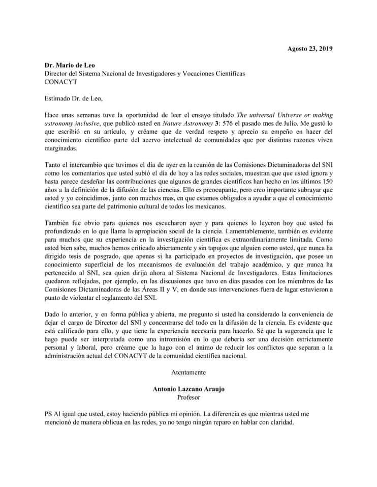 Carta de Antonio Lazcano a Mario de Leo