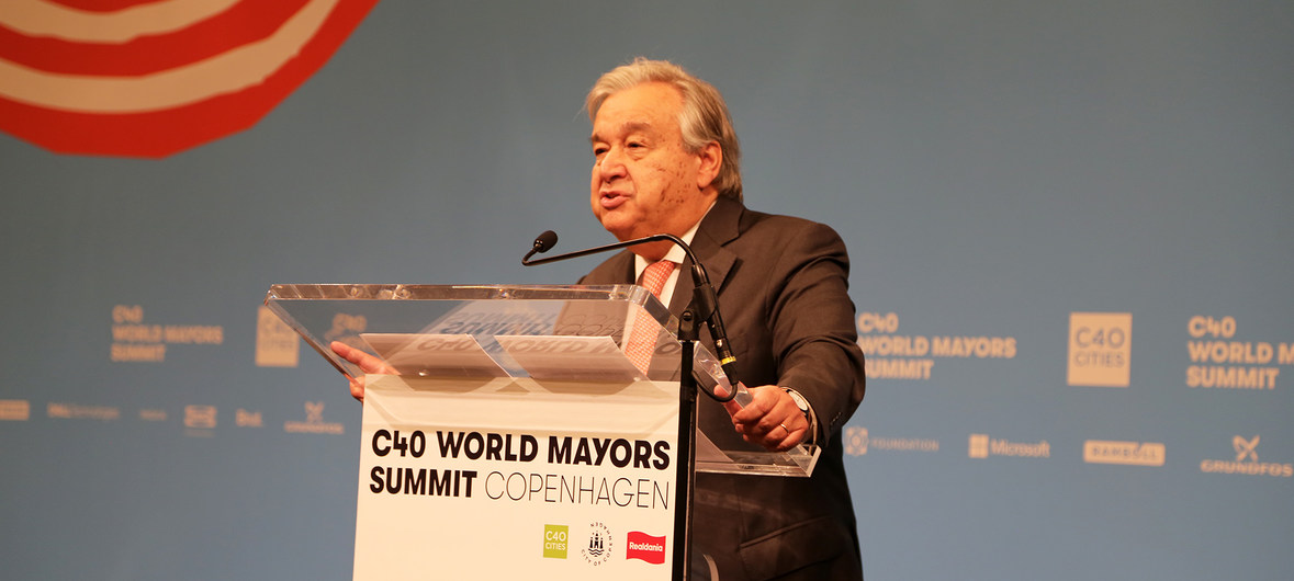 El Secretario General de la ONU, António Guterres, se dirige a la Cumbre Mundial de Alcaldes C40 2019 en Copenhague, Dinamarca.