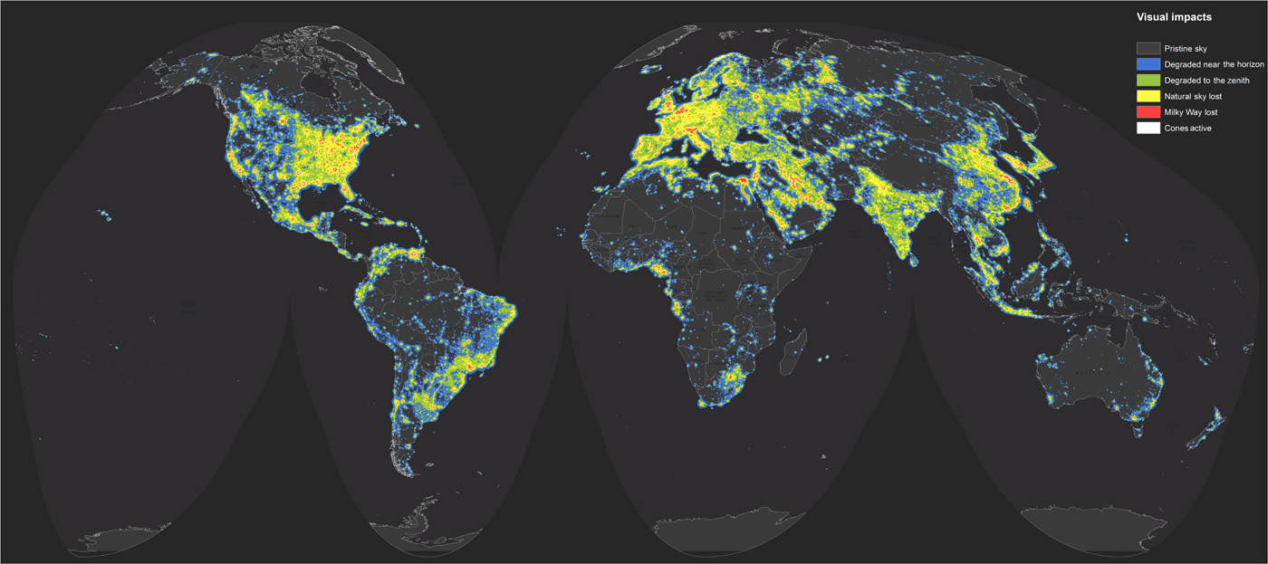 Mapa del impacto visual de la contaminación lumínica durante las noches. Imagen elaborada por los autores de "The new world atlas of artificial night sky brightness"