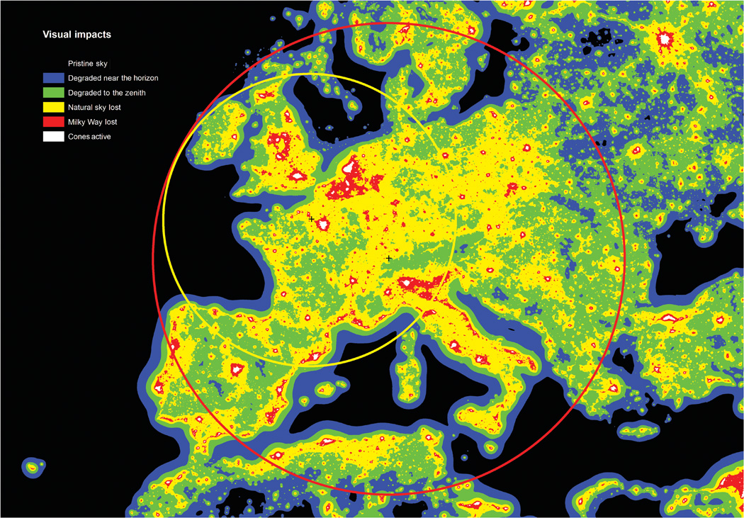 Contaminación lumínica en Europa. Imagen elaborada por los autores de "The new world atlas of artificial night sky brightness"